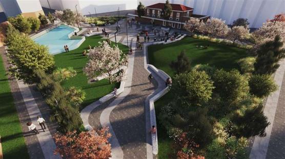 Aerial illustration of a park design with winding paths, a building, and a reflecting pool.