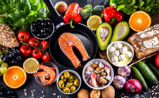 Food products representing the Mediterranean diet.