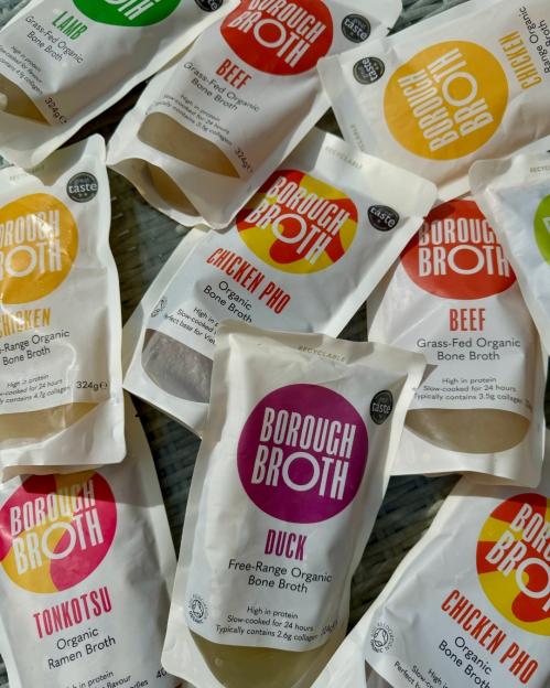 Collage of Borough Broth bone broth pouches.