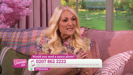 Screenshot of Vanessa on a talk show, discussing sending a saucy photo; phone number provided.