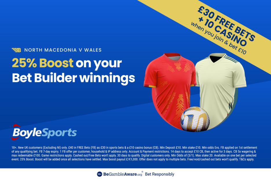 North Macedonia vs Wales: Get £30 in free bets and £10 casino bonus with BoyleSports, plus 25% boost on your winnings