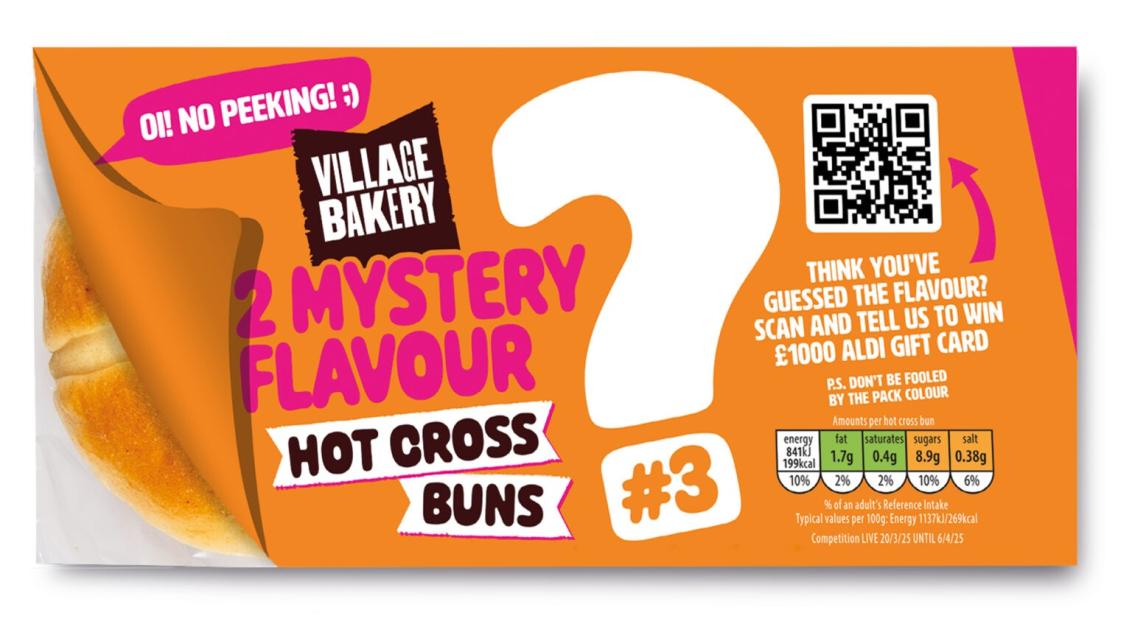 Package of Aldi Village Bakery mystery flavor hot cross buns with contest details.