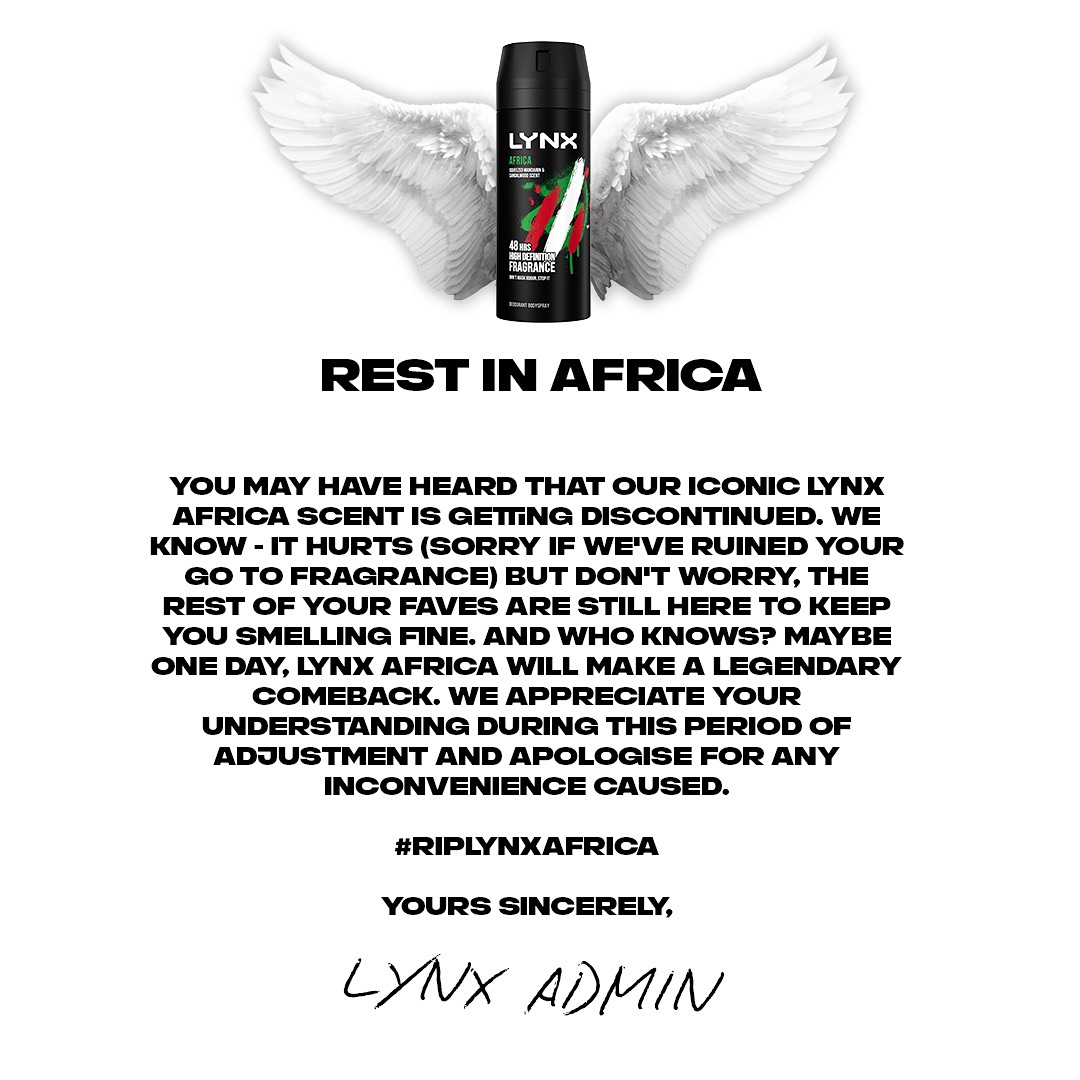 Announcement of Lynx Africa deodorant discontinuation with image of product and angel wings.