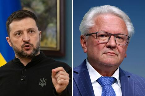 An image collage containing 2 images, Image 1 shows President Zelensky giving a press conference, Image 2 shows Armin Papperger, CEO of Rheinmetall AG, at a conference