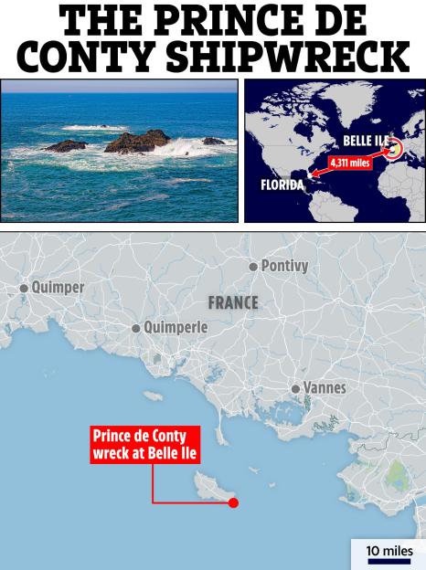 Map showing the location of the Prince de Conty shipwreck off Belle ÃŽle, France, and its distance from Florida.