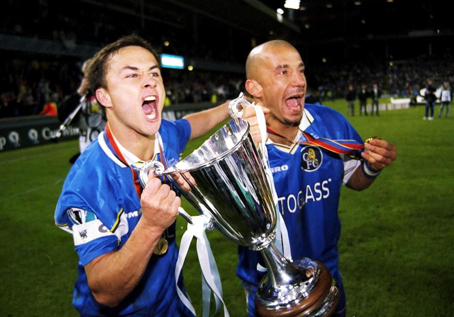 Chelsea players celebrating a cup victory.