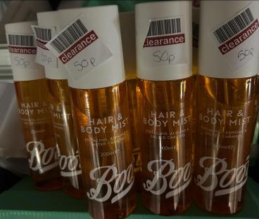 Several bottles of pistachio almond & salted caramel hair and body mist on clearance for 50p.