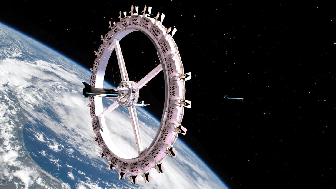 Illustration of Voyager Station, the world's first space hotel, in low Earth orbit.