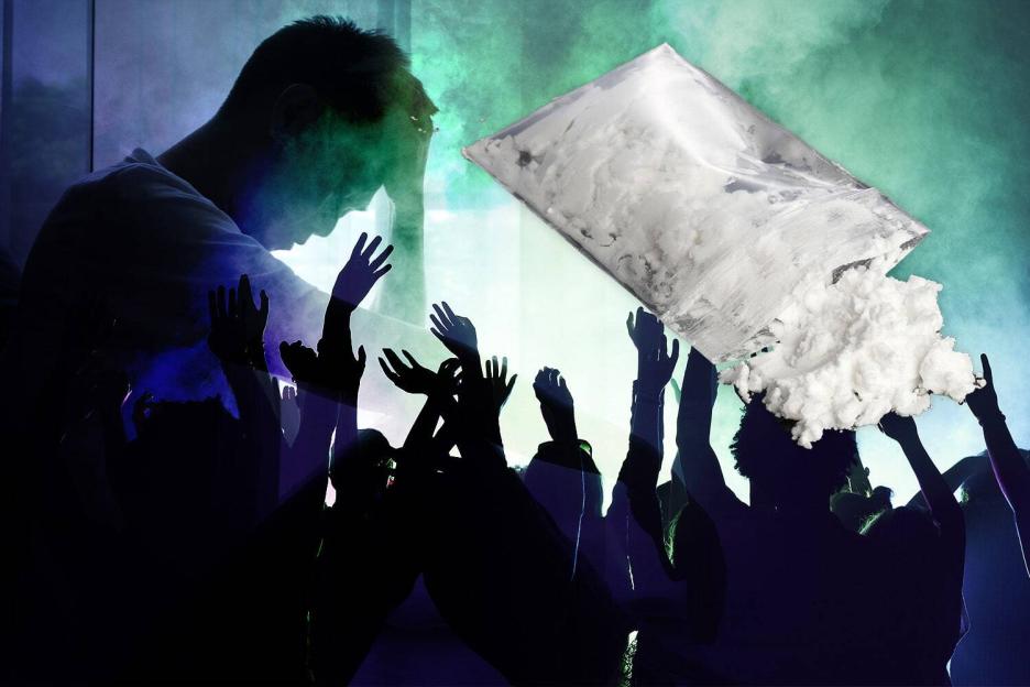 Illustration of a bag of drugs spilling over a crowd of people at a concert.