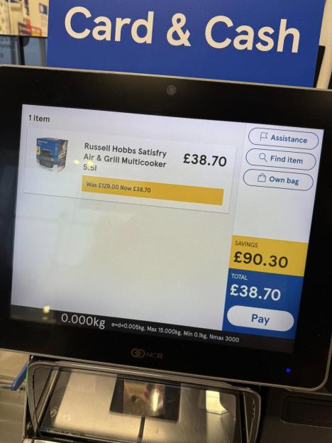 Tesco self-checkout screen showing a £129 air fryer purchased for £38.70.